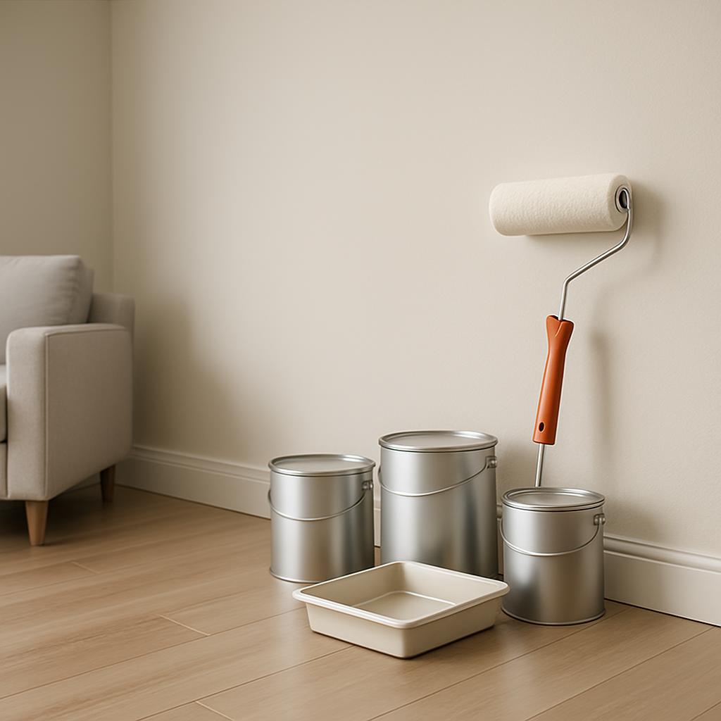 The alt text for the image is: 'painting tools and supplies on a hardwood floor in a room with a couch'