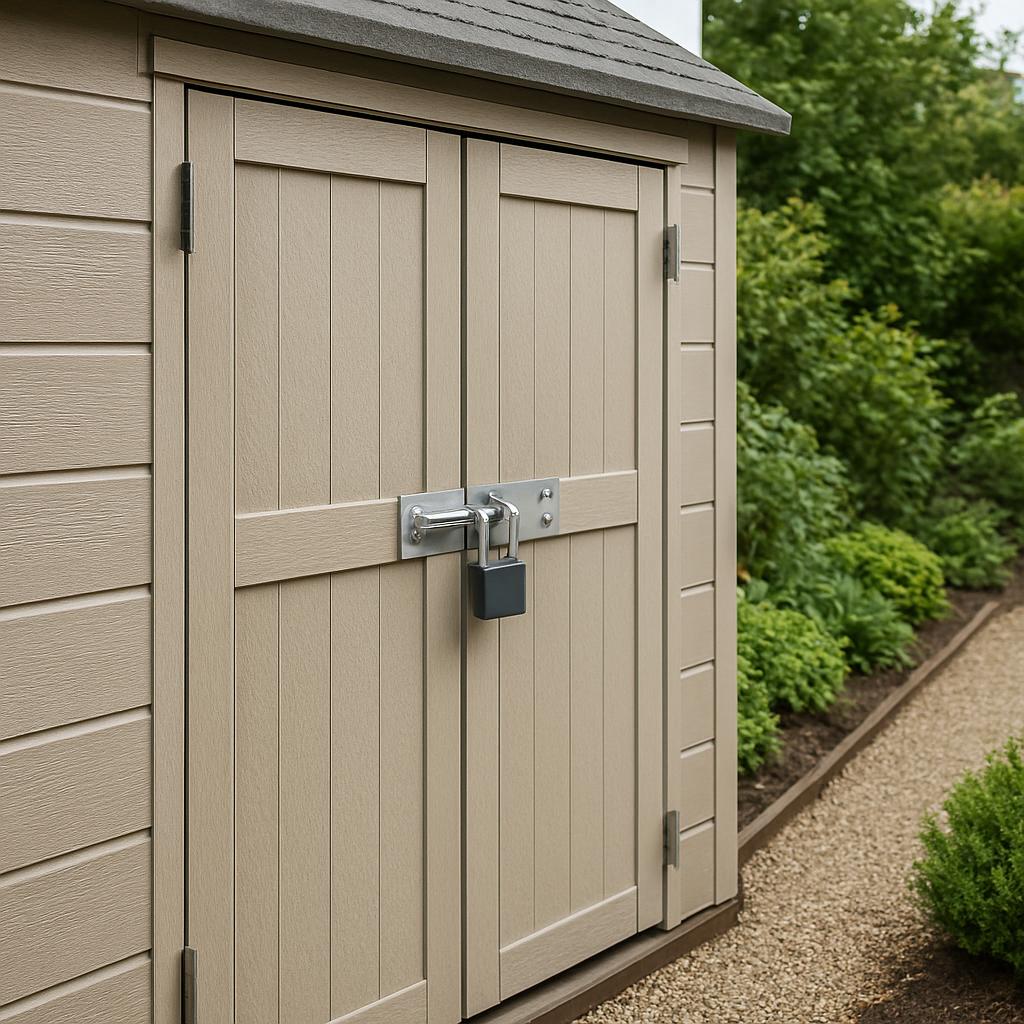 A garden shed features paneled double doors with a padlock in a serene outdoor setting.
