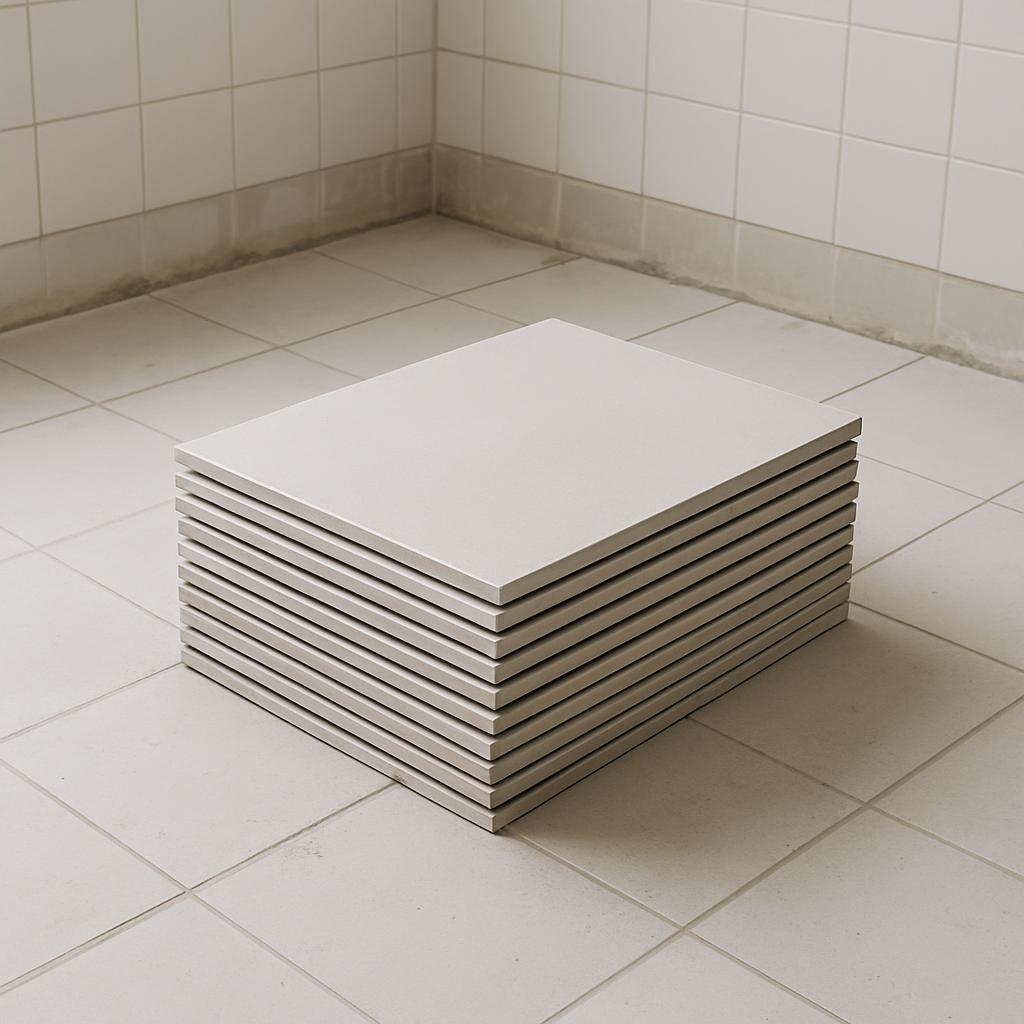 A stack of square white floor tiles in a corner of a room with white floors and walls.