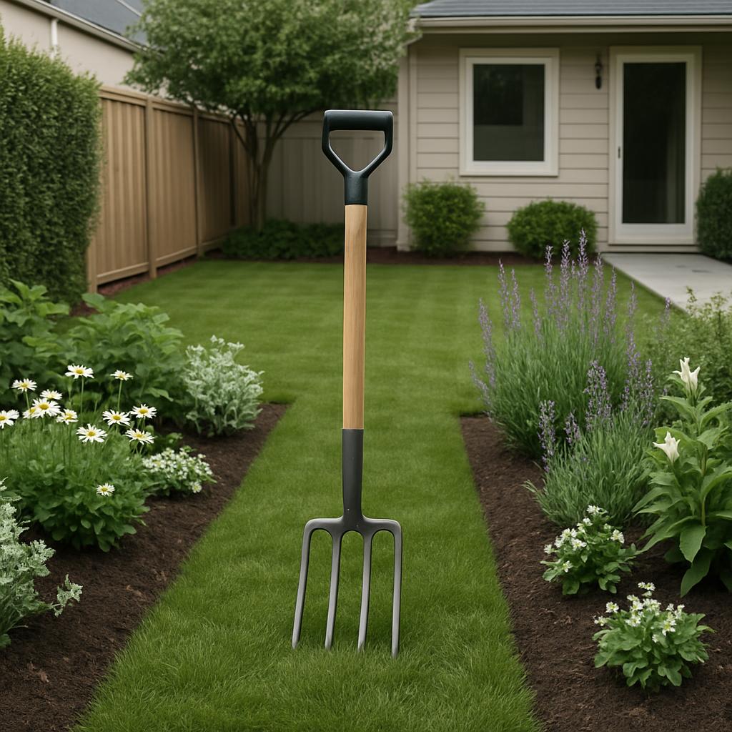 A long-handled garden fork. This durable tool serves multiple landscaping tasks like digging, planting, and removing plant...