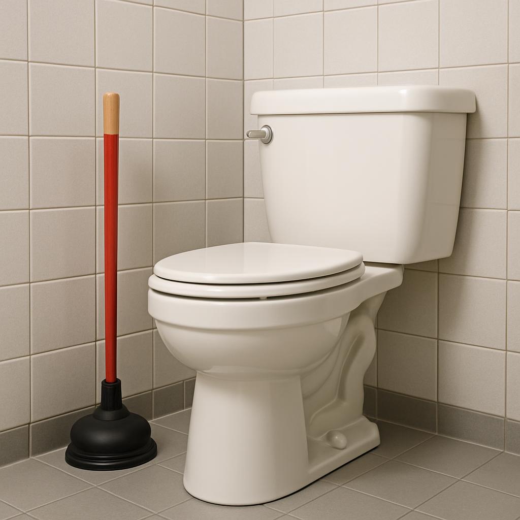 An image of a toilet with a plunger beside it.